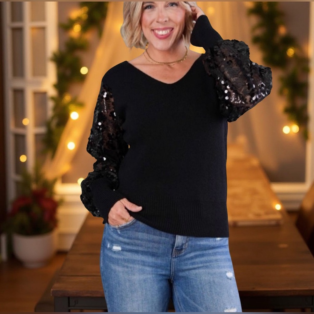 ✨ BIBI Black Sweater with Sequin Statement Sleeves – Size XL